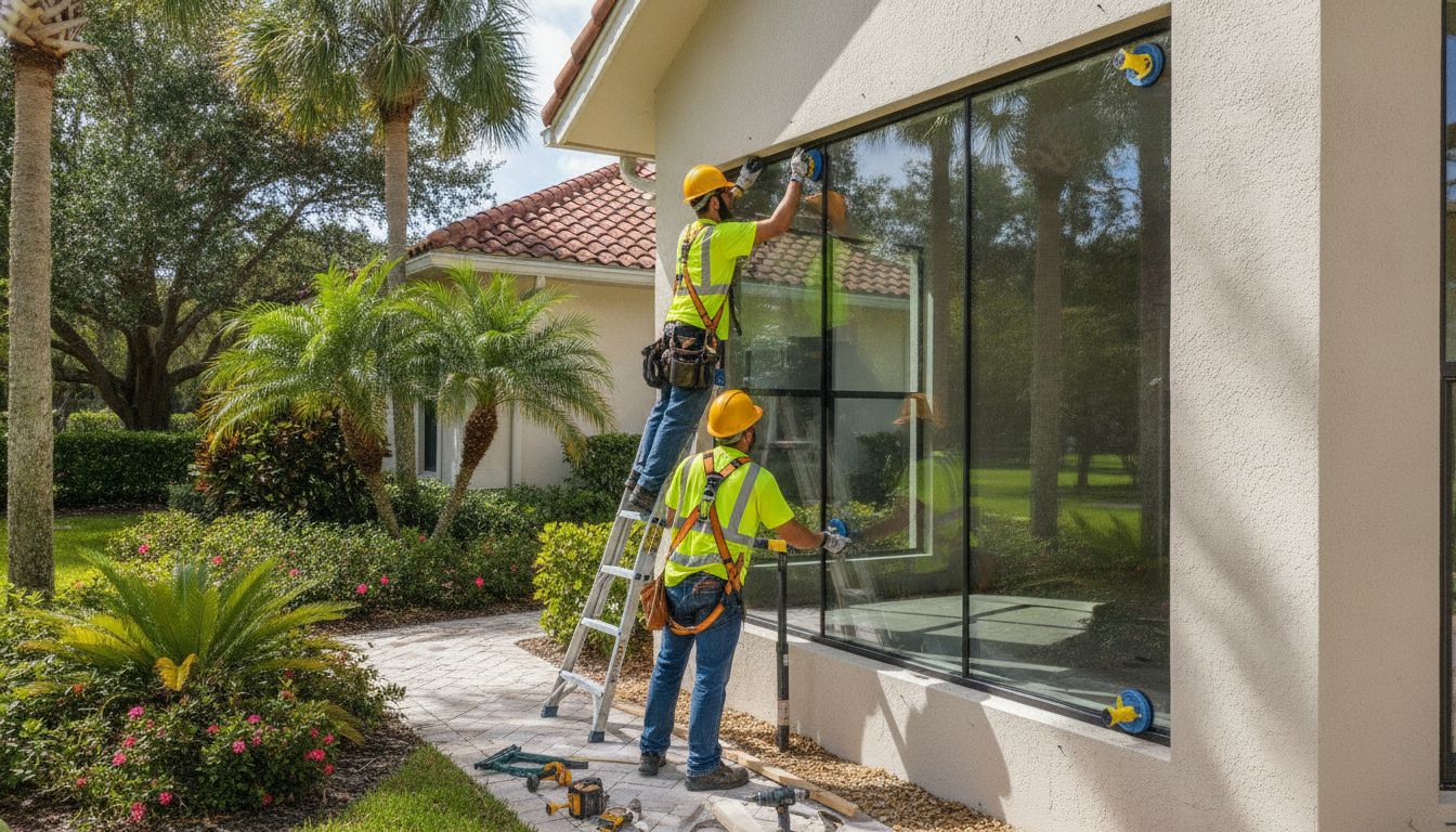 Crew installing a new impact window in a light stucco wall
