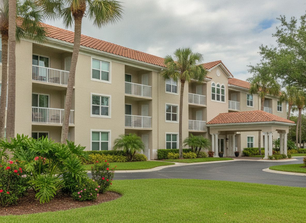 Three-storey stucco condo building with balconies