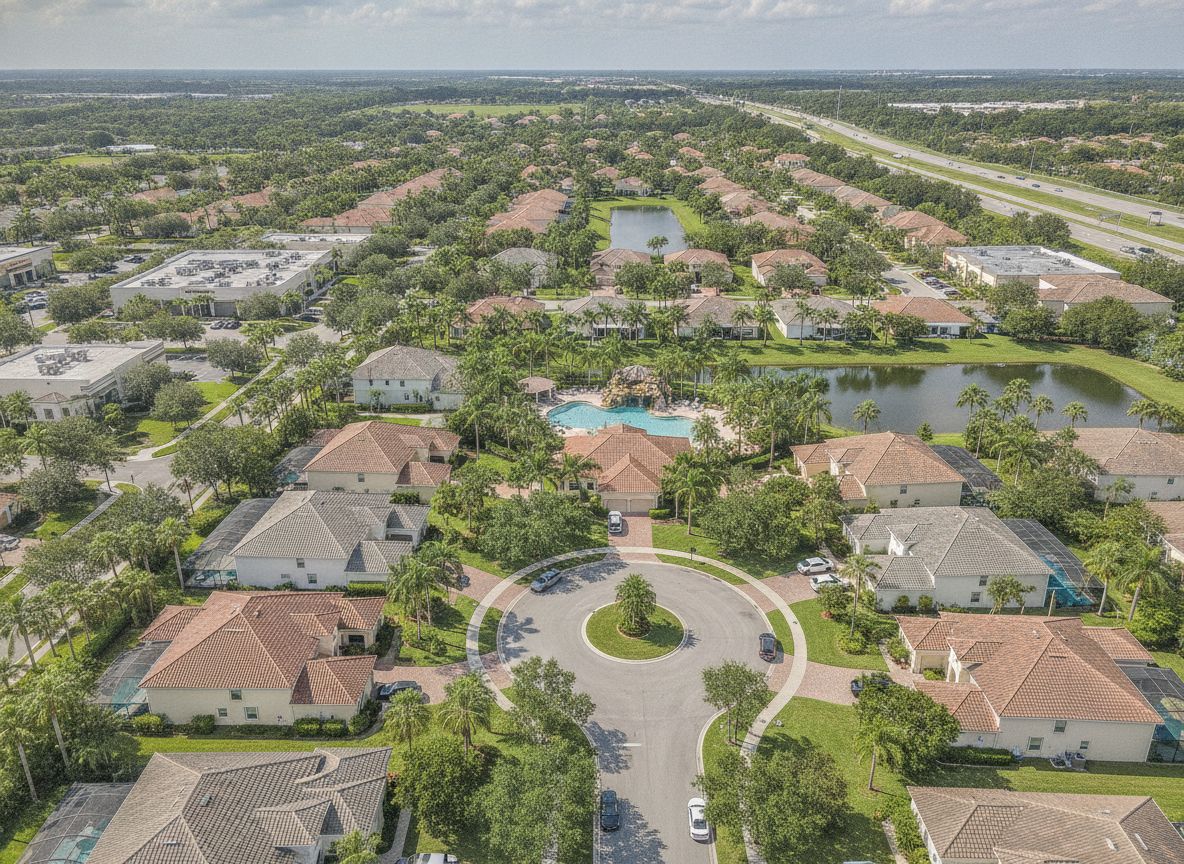 Palm-lined residential street of tiled-roof Central Florida homes
