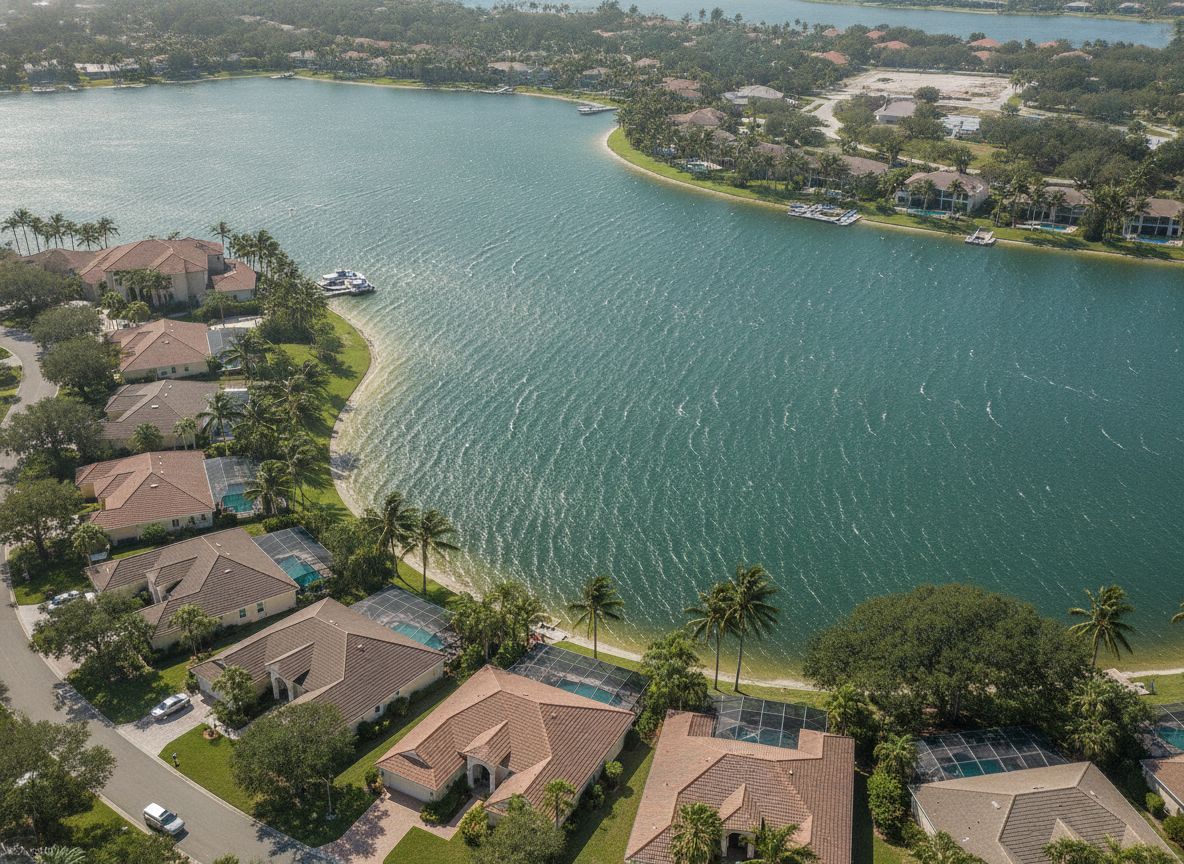 Aerial view of a Florida neighborhood near a lake shoreline