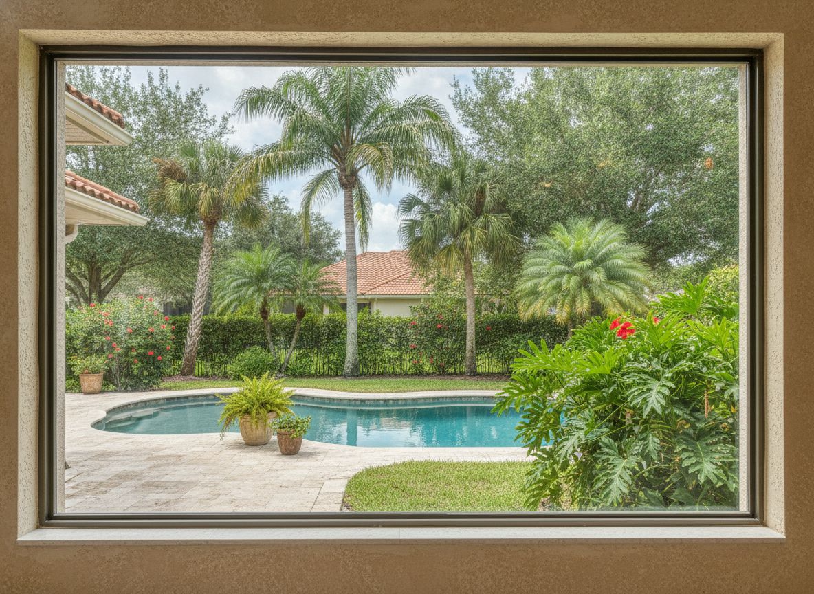 Large fixed picture window framing a backyard view